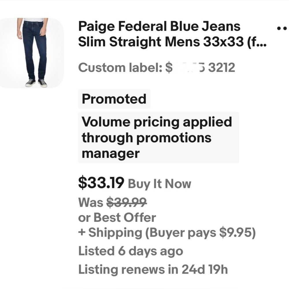 Paige Federal Blue Jeans Slim Straight Mens 33x33 (fits 32-34) Soft Stretch $209 - Picture 14 of 14